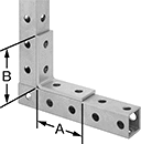 Image of ProductInUse. Extended Corner. Front orientation. Contains Annotated. Bolt-Together Framing and Fittings. Steel Bolt-Together Framing and Fittings , Corner Brackets, Extended 90° Corner.