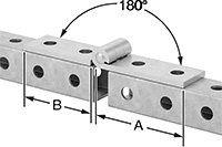 Image of ProductInUse. Bottom orientation. Contains Annotated. Hinges. Steel Bolt-Together Framing and Fittings , 180° Range of Motion.