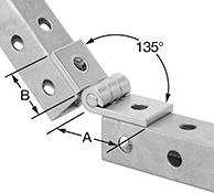 Image of ProductInUse. Bottom orientation. Contains Annotated. Hinges. Steel Bolt-Together Framing and Fittings , 135° Range of Motion.