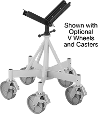 Image of System. Front orientation. Contains Annotated. Material Support Stands. Material Support Stands for Large-Size Pipe, V-Style Support.