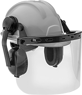 Image of Product. Front orientation. Hard Hats. Hard Hats with Face Shield and Earmuffs, Type I, Class E—Cap Brim.