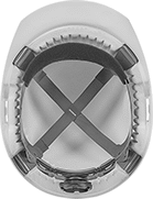 Image of Product. Bottom orientation. Hard Hats. Hard Hats for Top and Side Impacts, Cap Brim—Class E, 4 Suspension Points.