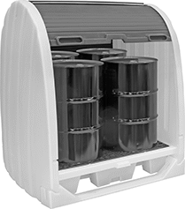 Image of ProductInUse. Front orientation. Spill-Control Sheds. For 4 55-Gallon Drums.