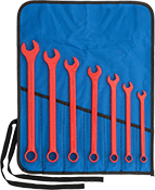 Image of Product. Front orientation. Combination Wrenches. High-Visibility Combination Wrench Sets, Plastic Roll-Up Pouch, Red.
