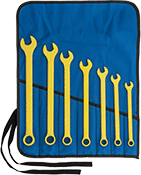 Image of Product. Front orientation. Combination Wrenches. High-Visibility Combination Wrench Sets, Plastic Roll-Up Pouch, Yellow.