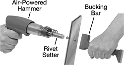 Image of ProductInUse. Front orientation. Contains Annotated. Rivet Tools. Air-Powered Hammers for Solid Rivets.