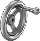 Image of Product. Three-Spoked Dished Wheel with Stationary Handle. Front orientation. Hand Wheels. Unthreaded Through-Hole-Mount Spoked Hand Wheels, Dished Hand Wheels with Fixed Handle, 3 Spokes.