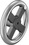 Image of Product. Front orientation. Hand Wheels. Unthreaded Through-Hole-Mount Spoked Hand Wheels, Flat Hand Wheels, 4 Spokes.