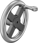 Image of Product. Front orientation. Hand Wheels. Unthreaded Through-Hole-Mount Spoked Hand Wheels, Flat Hand Wheels with Fixed Handle, 4 Spokes.