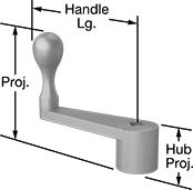 Image of Product. Front orientation. Contains Annotated. Crank Handles. Unthreaded Through-Hole-Mount Crank Handles, Square Hole, Style 10.