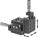 Image of Product. Front. Front orientation. Contains Annotated. Positioning Slides. Three-Axis Positioning Tables with Micrometers.