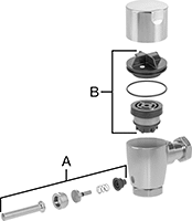 Image of System. Front orientation. Exploded view. Contains Annotated. Flush Valve Replacement Parts. Kohler Flush Valve Replacement Parts, Cover and Body Components, For Manual Operation.