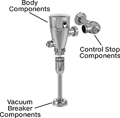 Image of System. Front orientation. Exploded view. Contains Annotated. Flush Valve Replacement Parts. Moen Flush Valve Replacement Parts.