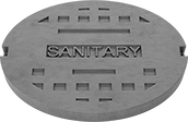 Image of Product. Solid with Sanitary Message. Bottom orientation. Manhole Covers. Solid, Sanitary.