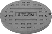 Image of Product. Solid with Storm Message. Bottom orientation. Manhole Covers. Solid, Storm.