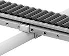 Image of ProductInUse. Support Bracket Shown Installed with Conveyor and Round Rail. Front orientation. Support Bracket. Clamp-On Framing and Fittings .