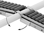 Image of ProductInUse. Adjustable-Angle Bracket Shown Installed with Conveyor and Round Rail. Front orientation. Contains Annotated. Adjustable Angle. Clamp-On Framing and Fittings , Conveyor Rail Brackets.