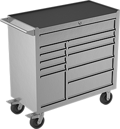 Image of Product. Front orientation. Cabinets. Stainless Steel Bench-Height Cabinets, Stainless Steel Bench-Height Storage—Assembled, 11 Drawers.