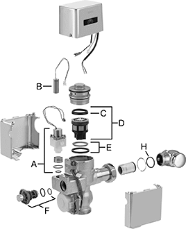 Image of System. Exposed Valve Cover and Body Components. Front orientation. Exploded view. Contains Annotated. Flush Valve Replacement Parts. TOTO Flush Valve Replacement Parts, Cover and Body Components.