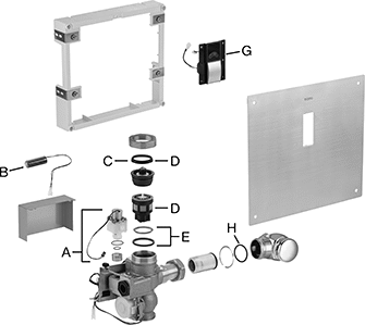 Image of System. Concealed Valve Cover and Body Components. Front orientation. Exploded view. Contains Annotated. Flush Valve Replacement Parts. TOTO Flush Valve Replacement Parts, Cover and Body Components.