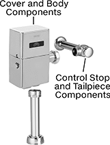 Image of System. Front orientation. Exploded view. Contains Annotated. Flush Valve Replacement Parts. TOTO Flush Valve Replacement Parts.