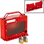 Image of ProductInUse. Style D (Padlocks Not Included). Front orientation. Contains Inset, Border. Lockouts. Portable/Wall-Mount Group Lockout Boxes, Style D.