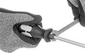 Image of ProductInUse. Shown Using Hex-Shaped Bolster. Front orientation. ZoomedIn view. Screwdrivers. Strikable Screwdrivers.