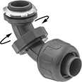 Image of Product. Push-In × Threaded. Front orientation. Contains Annotated. Conduit and Fittings. Ultra-Flexible Plastic (MPT) Conduit and Fittings, Connector Fitting, Adjustable-Angle Elbow, Push-In Conduit Connection × Threaded Knockout Connection.