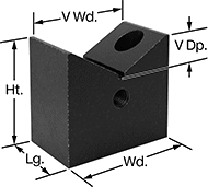 Image of Product. Front orientation. Contains Annotated. V-Blocks. Precise-Positioning V-Blocks for Grid Fixtures, Vertical Mount with Counterbored Mounting Holes.