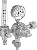 Image of Product. Female Inlet × Male Outlet With One Flowmeter. Front orientation. Pressure-Regulating Valves. Easy-Read Tank-Mount Pressure-Regulating Valves with Flowmeter for Inert Gas, UNF Outlet Thread, Female Inlet, Male Outlet, Single Stage, 1 Flowmeter.