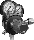Image of Product. Male Outlet × Female Inlet Two-Stage Valve With Knob. Front orientation. Pressure-Regulating Valves. Tank-Mount Pressure-Regulating Valves for Fuel Gases, Two Stage, UNF Outlet Thread, Female Inlet, Male Outlet, Outlet-Pressure-Adjustment Knob.