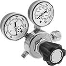 Image of Product. UNF Male Outlet × Female Inlet Single-Stage Valves with Knob. Front orientation. Pressure-Regulating Valves. Tank-Mount Pressure-Regulating Valves for Air and Inert Gas, Single Stage, Male Outlet, UNF Outlet Thread, Female Inlet, Outlet-Pressure-Adjustment Knob.