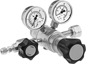 Image of Product. Two Stage. Front orientation. Pressure-Regulating Valves. High-Purity Tank-Mount Pressure-Regulating Valves for Fuel Gases, Female Outlet, Female Inlet, Brass Body, Two Stage.