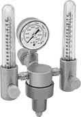 Image of Product. Male Inlet × Female Outlet With Two Flowmeters. Front orientation. Pressure-Regulating Valves. Easy-Read Tank-Mount Pressure-Regulating Valves with Flowmeter for Inert Gas, Male Inlet, UNF Outlet Thread, Female Outlet, Single Stage, 2 Flowmeters.
