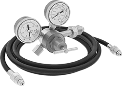 Image of Product. Female Outlet × Male Inlet with Hose. Front orientation. Pressure-Regulating Valves. Tank-Mount Pressure-Regulating Valves with Flowmeter for Inert Gas, Male Inlet, UNF Outlet Thread, Female Outlet, Single Stage, Brass Body, Neoprene Diaphragm, 10-ft. long, 3/16" dia. hose with 5/8"-18 male fittings on both ends.