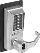 Image of Product. Self Locking with Combination and Key Lever. Front orientation. Door Handles and Knobs. Push Bars, Lever Door Handle, Self-Locking with Combination Handle.