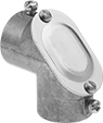 Image of Product. Screw-Clamp Connection with Removable Cover. Front orientation. Conduit and Fittings. Thin-Wall (EMT) Metal Conduit and Fittings, 90° Elbow, Connector Fitting, Screw-Clamp Conduit Connection, Removable Cover.