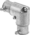 Image of Product. Screw-Clamp Connection. Front orientation. Conduit and Fittings. Thin-Wall (EMT) Metal Conduit and Fittings, 90° Elbow, Connector Fitting, Screw-Clamp Conduit Connection.