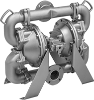 Image of Product. Front orientation. Double Diaphragm Pumps. Aluminum Air-Powered Double Diaphragm Pumps for Oil, Chemicals, and Large Solids, Flanged Top Intake and Flanged Bottom Discharge, 260 gpm Maximum Flow Rate.