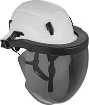 Image of ProductInUse. Full Brim Shown with Face Shield (Sold Separately). Front orientation. Hard Hats. Hard Hats for Top and Side Impacts, Full Brim—Class C (Koroyd), Green Lens.
