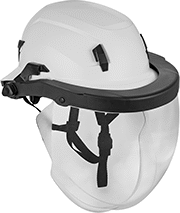 Image of ProductInUse. Full Brim Shown with Face Shield (Sold Separately). Front orientation. Hard Hats. Hard Hats for Top and Side Impacts, Full Brim—Class C (Koroyd), Clear Lens.