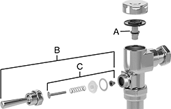 Image of System. For Manual 6145 and 6147 Models. Front orientation. Exploded view. Contains Annotated. Flush Valve Replacement Parts. American Standard Flush Valve Replacement Parts, Cover and Body Components.