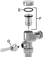 Image of System. For Manual 6045.013, 6045.601, 6047, 7017, and 6045051.002 Models. Front orientation. Exploded view. Contains Annotated. Flush Valve Replacement Parts. American Standard Flush Valve Replacement Parts, Cover and Body Components.
