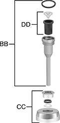 Image of System. Front orientation. Exploded view. Contains Annotated. Flush Valve Replacement Parts. American Standard Flush Valve Replacement Parts, Vacuum Breaker and Spud Coupling Components.