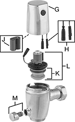 Image of System. For Touch-Free 6062, 6063, 6065, and 606B Models. Front orientation. Exploded view. Contains Annotated. Flush Valve Replacement Parts. American Standard Flush Valve Replacement Parts, Cover and Body Components.