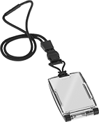 Image of Product. Front orientation. Name Badge Holders. Name Badge Sleeves with Lanyard , Cinching Strap, Vertical Orientation, RFID Shielding.