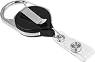 Image of Product. Carabiner and Slide-On. Front orientation. Name Badge Holders. Retractable Name Badge Lanyards , Retractable Cable with Loop, Carabiner, Slide On.