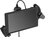 Image of ProductInUse. Holder with Tablet Installed (Not Included). Front orientation. Tablet Holders. Push-Button Switch, Emergency Stop.