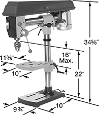 Image of Product. Front orientation. Contains Annotated. Drill Presses. Long-Reach Economy-Grade Bench-Mount Drill Presses.