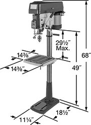 Image of Product. Front orientation. Contains Annotated. Drill Presses. Adjustable-Speed Economy Floor-Mount Drill Presses, 17" Maximum Workpiece Diameter.